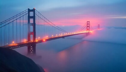 Fototapeta premium A large suspension bridge bathed in colorful evening light