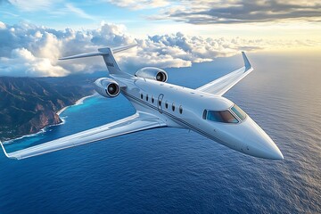 Fototapeta premium A white private jet soars over a beautiful blue ocean scene