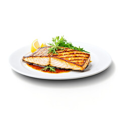 Grilled Fish filet on a plate isolated on transparent background