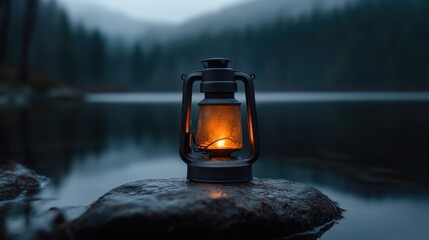A warm, vintage lantern illuminates a serene lake
