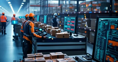 Digital Warehouse: A futuristic warehouse comes to life, with workers at the forefront, utilizing the latest in digital technology to manage and oversee the flow of goods. - Powered by Adobe