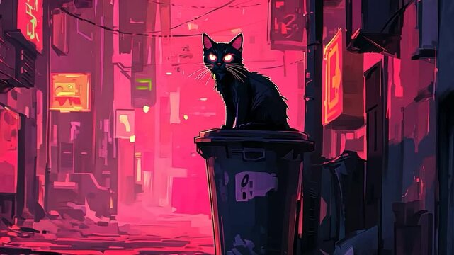 Black cat sits on dumpster in neon alley