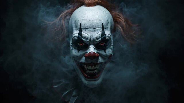 Scary clown with menacing expression in dark, smoky backdrop  