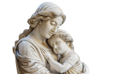 A mother and child made of marble stone hugging isolated on transparent background. Motherhood and family concept