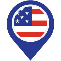 A patriotic American flag proudly displayed, symbolizing national unity and pride, in a simple yet impactful map marker design with bold blue and red colors.