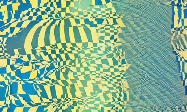 The image shows a vibrant, abstract pattern with warped checkered designs in yellow and blue tones. The shapes ripple and twist, creating a dynamic, optical illusion effect across the entire scene.