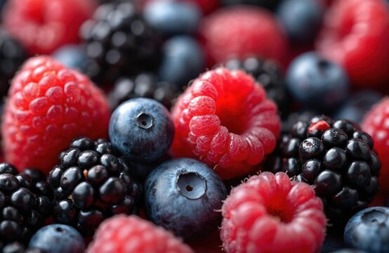 Mix of fresh berries raspberries blackberries blueberries. Bright red fruits, healthy eating concept. Natural organic food, summer season, vitamins, dessert, sweet breakfast, colorful, fresh.