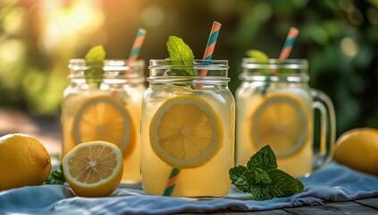 Refreshing Lemon Mint Drinks in Mason Jars on a Sunny Afternoon Outdoors