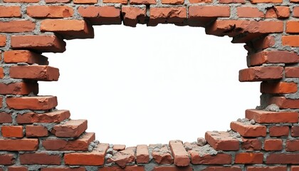 Broken brick wall with a hole cut out against white background. The wall texture has red bricks and grey mortar. The demolition, break in construction concept.