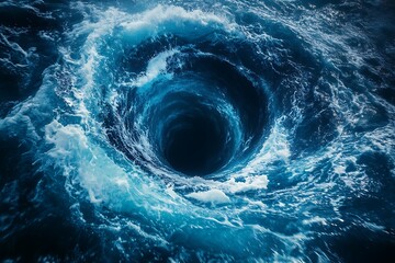 Underwater whirlpool funnel with deep ocean currents narrowing into a vortex, symbolizing the power of the sea