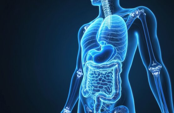 3D illustration human digestive system anatomy on blue medical background. Detailed medical illustration of internal organs includes stomach, intestines, lungs, skeletal structure. Ideal for