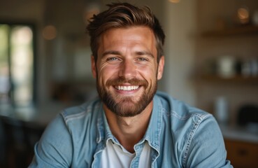 Obraz premium Portrait smiling man with brown hair and beard. Happy male wearing casual denim shirt in indoors with blurred background. Portrait headshot of attractive person. Positive emotions. Good mood.