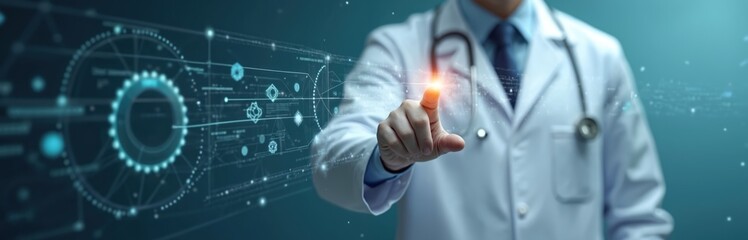Doctor points at digital data structure. Modern medical tech, future medicine concept. Medical worker uses innovative computer network interface. Healthcare, innovative diagnostic research. Medicine,