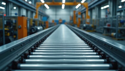 Fototapeta premium Empty industrial production line in factory. Conveyor belt, assembly line, warehouse storage, manufacturing concept. No products on line. Factories shutdown, business halted, supply chain issues,