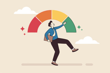 Performance evaluation, employee rating assessment, appraisal review or high potential employee, staff achievement, excellent job candidate concept, happy businessman on high performance gauge.