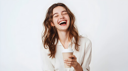 Cheerful woman laughs holding coffee in studio minimal background expressing joy