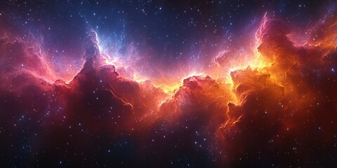 Obraz premium Colorful cosmic nebula illuminated by starlight in deep space at night, showcasing vibrant hues and galactic structure