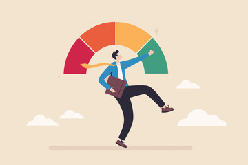 Performance evaluation, employee rating assessment, appraisal review or high potential employee, staff achievement, excellent job candidate concept, happy businessman on high performance gauge.