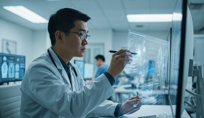 Asian male doctor in 30s analyzing data on digital interface in hospital laboratory setting focusing on healthcare technology.
