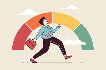 Performance evaluation, employee rating assessment, appraisal review or high potential employee, staff achievement, excellent job candidate concept, happy businessman on high performance gauge.