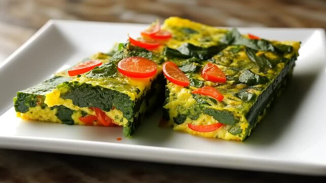 Colorful vegetable frittata served on a white plate, garnished with cherry tomatoes and greens
