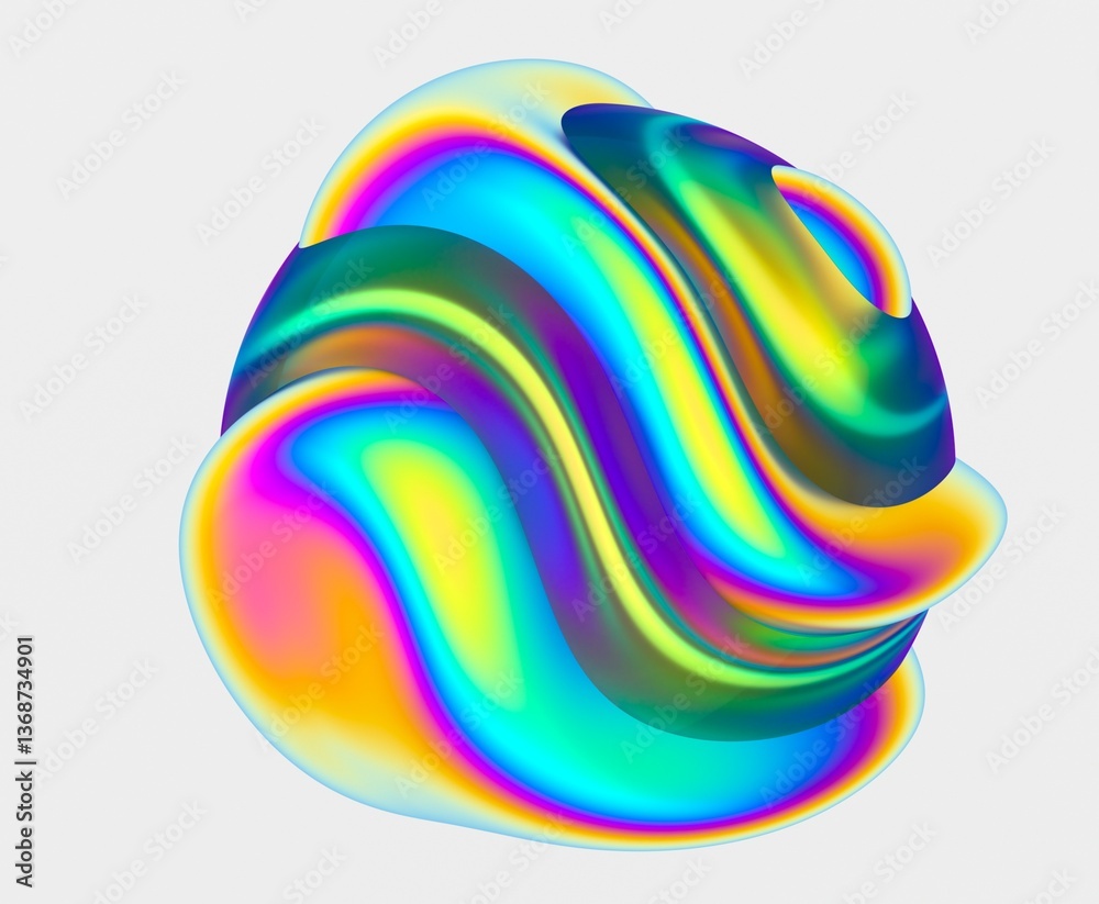 Poster 3D abstract shpere with vibrant, swirling colors and smooth, fluid curves, creating a dynamic and psychedelic effect. The bright, glossy surface highlights its futuristic design.