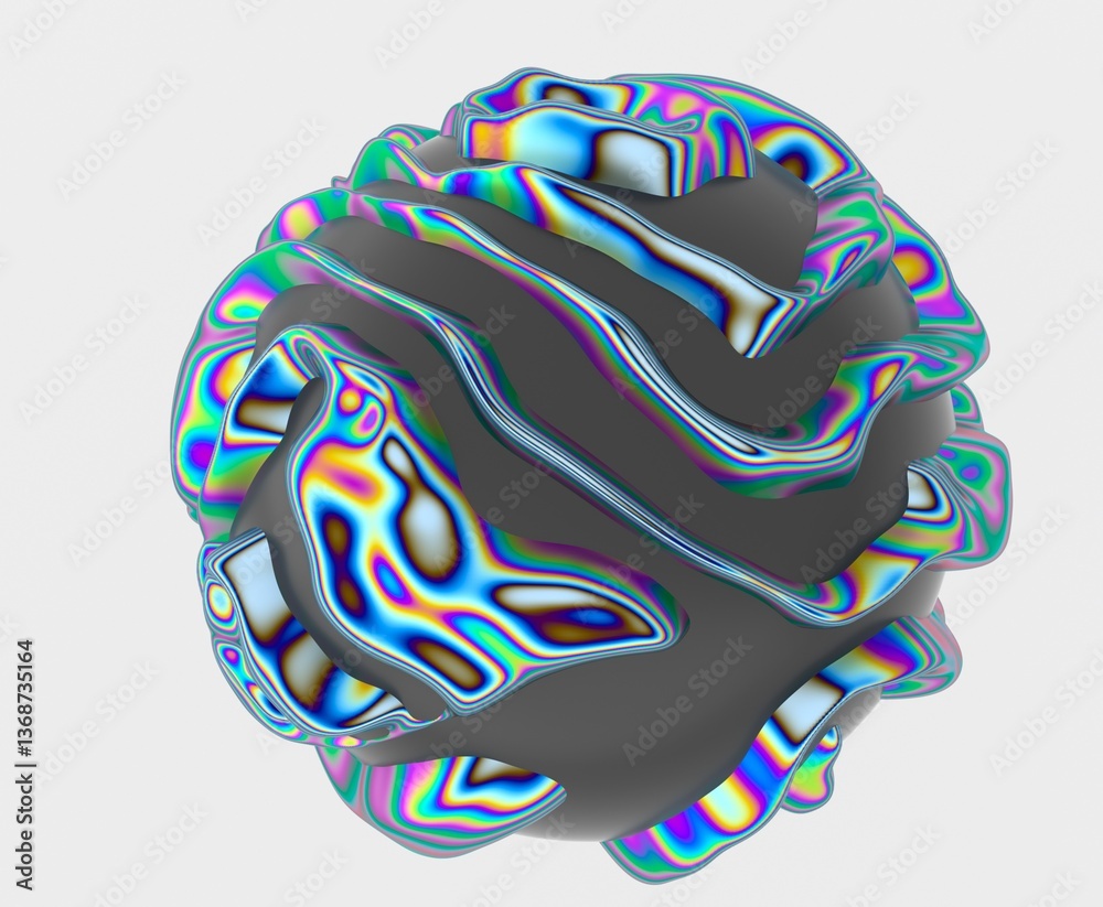 Aufkleber 3D abstract sphere with colorful, fluid-like stripes on a dark surface, creating a vibrant, psychedelic, and wavy pattern. The design is futuristic and visually dynamic.