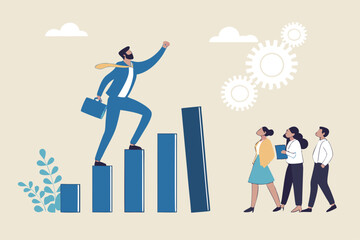 Taking initiative to win business competition, determination or entrepreneurship to overcome difficulty and success, courage or challenge concept, businessman taking initiative to climb growth graph.