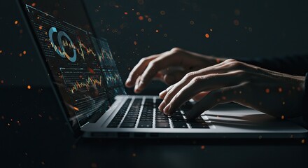 Analyzing data trends on laptop in a dark setting with digital interfaces