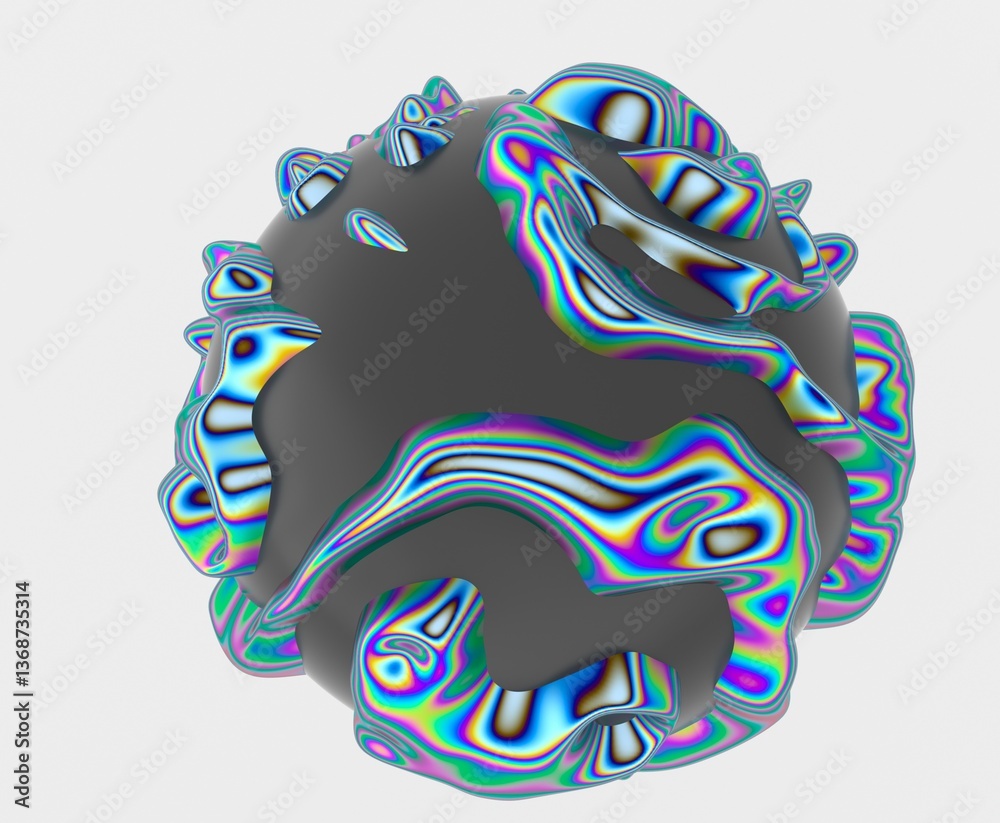 Aufkleber 3D abstract sphere with colorful, fluid-like stripes on a dark surface, creating a vibrant, psychedelic, and wavy pattern. The design is futuristic and visually dynamic.