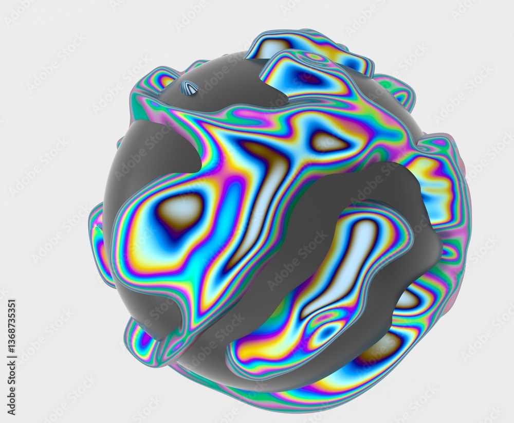 Aufkleber 3D abstract sphere with colorful, fluid-like stripes on a dark surface, creating a vibrant, psychedelic, and wavy pattern. The design is futuristic and visually dynamic.