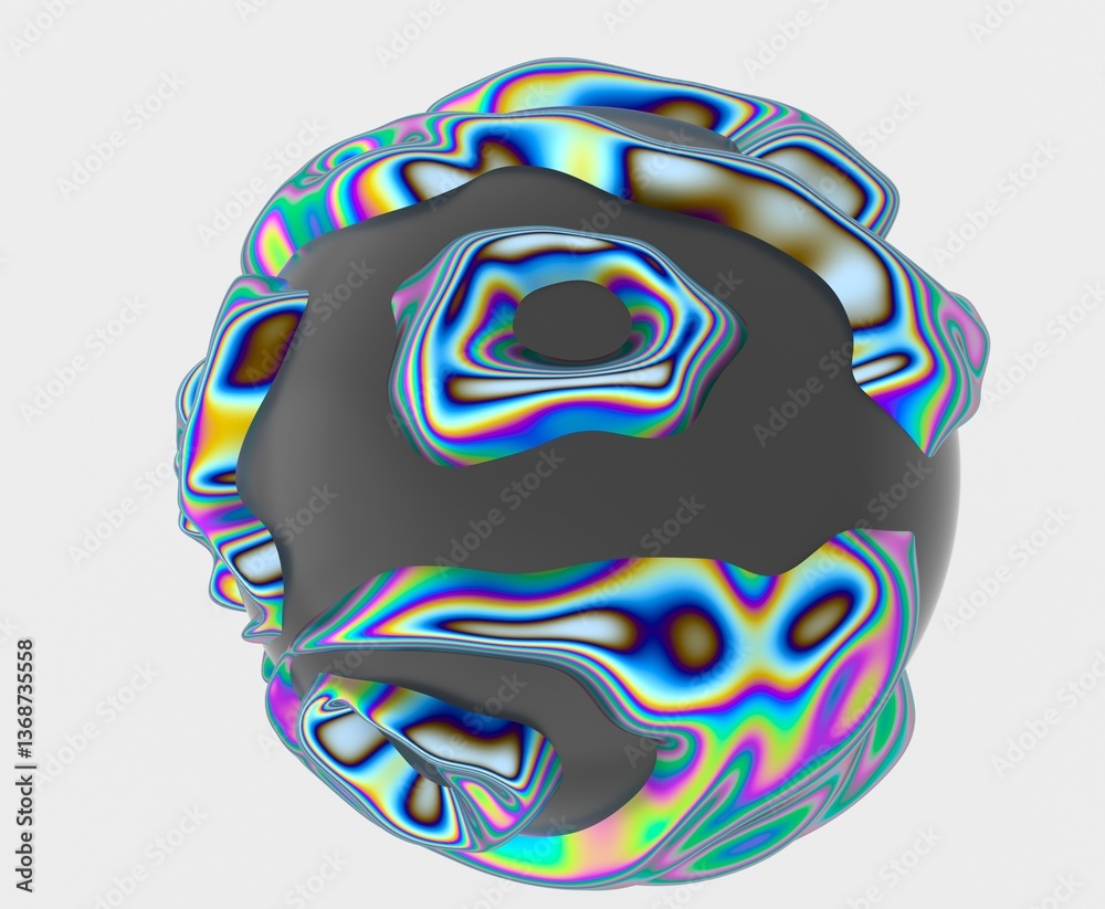 Aufkleber 3D abstract sphere with colorful, fluid-like stripes on a dark surface, creating a vibrant, psychedelic, and wavy pattern. The design is futuristic and visually dynamic.