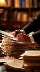 Lawyer reviewing documents in a dimly lit office