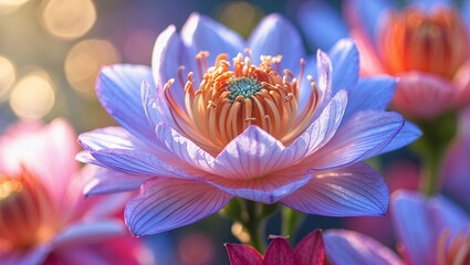 Naklejka premium Close-up of a beautiful pink lotus flower with bokeh. Detailed petals and vibrant colors