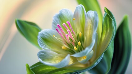 Fototapeta premium Close-up of a beautiful, delicate flower with soft green & pink hues, petals