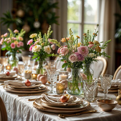 A table adorned with soft pastels, fresh blossoms, and carefully placed Easter eggs. A symbol of renewal, unity, and togetherness. The perfect setting to create unforgettable holiday memories.