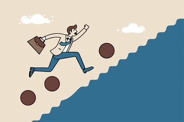 Overcome obstacle, effort or adversity for business growth, difficulty, challenge to win competition, skill or leadership concept, businessman jump over falling boulder to climb up stair of success.