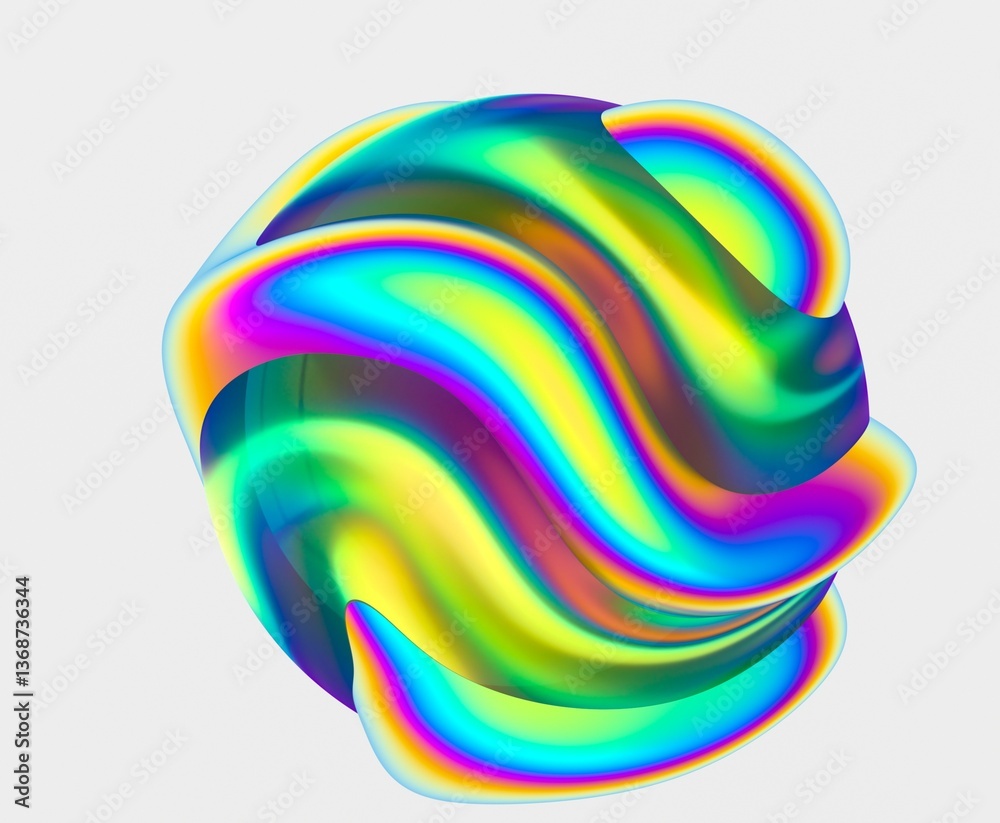 Poster 3D abstract shpere with vibrant, swirling colors and smooth, fluid curves, creating a dynamic and psychedelic effect. The bright, glossy surface highlights its futuristic design.