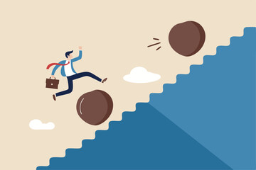 Overcome obstacle, effort or adversity for business growth, difficulty, challenge to win competition, skill or leadership concept, businessman jump over falling boulder to climb up stair of success.