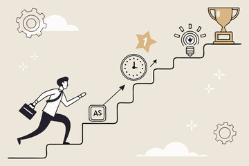 Skill development for career growth to success, leadership ladder or job improvement, experience or motivation to succeed concept, businessman climb up stair of working skill to reach winning trophy.
