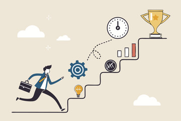Skill development for career growth to success, leadership ladder or job improvement, experience or motivation to succeed concept, businessman climb up stair of working skill to reach winning trophy.