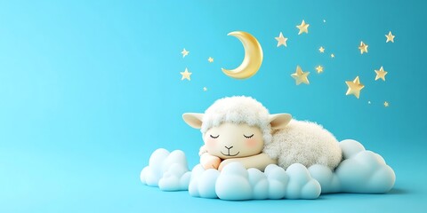 Eid ul Adha Cute sleeping sheep on cloud with moon and stars illustration for nursery decor and baby room art