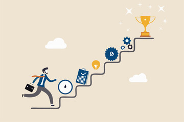Skill development for career growth to success, leadership ladder or job improvement, experience or motivation to succeed concept, businessman climb up stair of working skill to reach winning trophy.