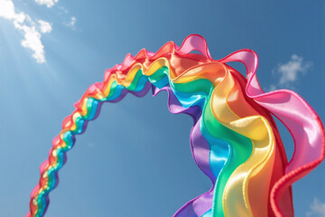 A mesmerizing sculptural installation featuring a sinuous ribbon flowing with vivid rainbow colors, elegantly curving against a pristine blue sky. This dynamic artwork represents unity, freedom of exp