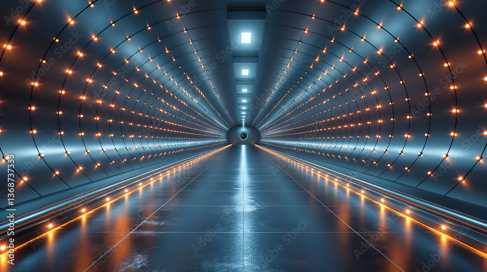 Wall mural illuminated tunnel blue and orange lights, futuristic abstract design for sci-fi backgrounds