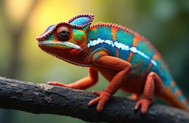 Vibrant chameleon illustration sits on tree branch. Colorful reptile with detailed scales and distinctive eye. Exotic lizard portrait, tropical creature, fauna from Madagascar.