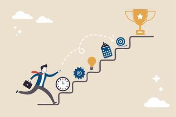 Skill development for career growth to success, leadership ladder or job improvement, experience or motivation to succeed concept, businessman climb up stair of working skill to reach winning trophy.