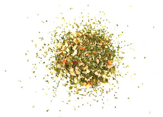 A mixture of spices of herbs and vegetables isolated on a white background close-up.
