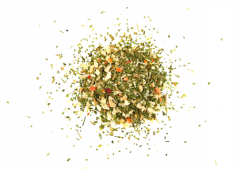 A mixture of spices of herbs and vegetables isolated on a white background close-up.