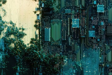 Nature reclaiming technology: vibrant greenery intertwines with a complex circuit board, hinting at a symbiotic, futuristic relationship.